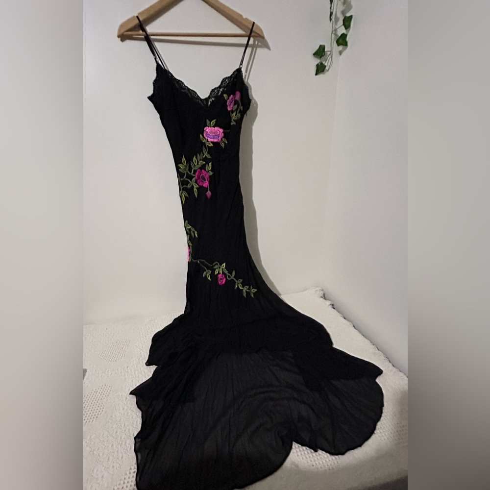 Vintage Sue Wong Nocturne Couture Black Cache Maxi Dress Pink Floral Embroidery